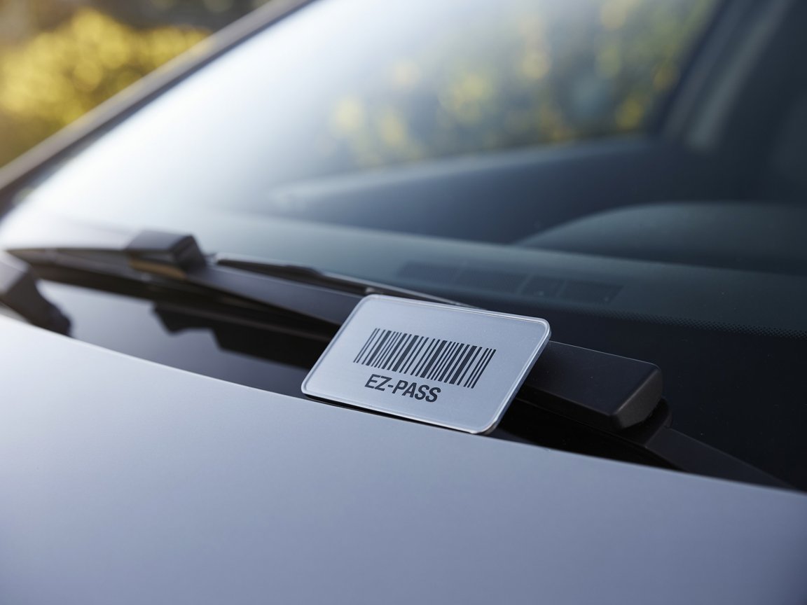 Electronic toll tag on car windshield